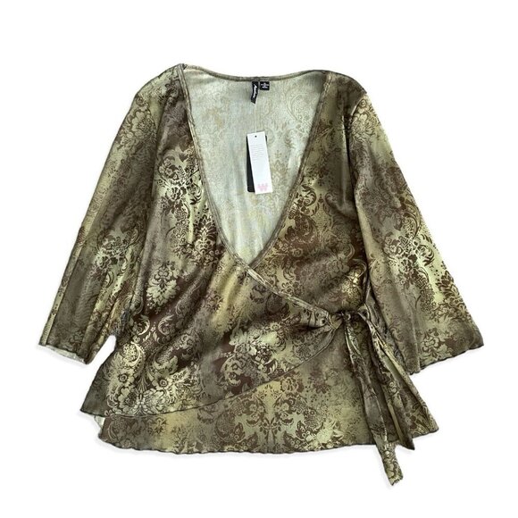 Assoluto NWT Wrap Front Y2K Blouse Sz 1X Plus Green Paisley Sheer 2000s Vintage - Picture 1 of 10